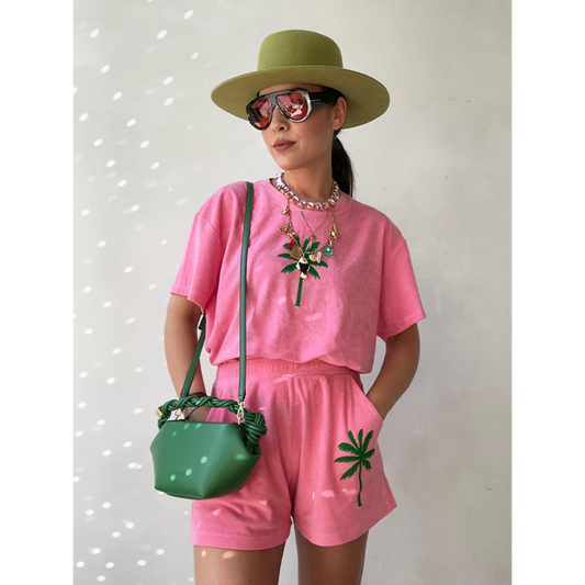 Set Badstof roze groen Palmtree Green Velvet | NOTE: Levertijd 5-7 werkdagen